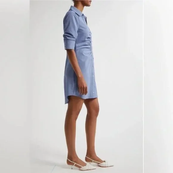 CINQ À SEPT 'Elina' Ruched Stretch-Crepe Mini Shirtdress, Rustic Blue - Picture 2 of 3